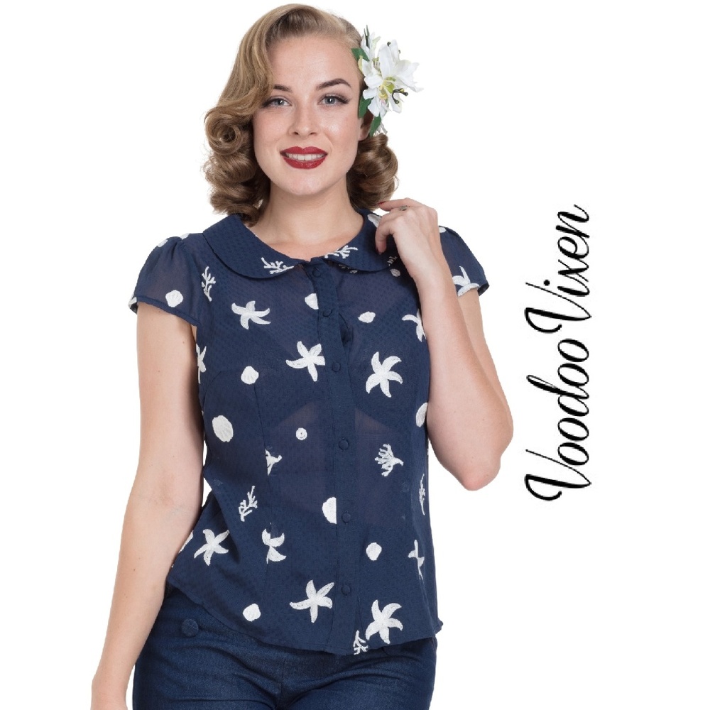 Voodoo Vixen Under Sea Embroidered Kelly Top NWT